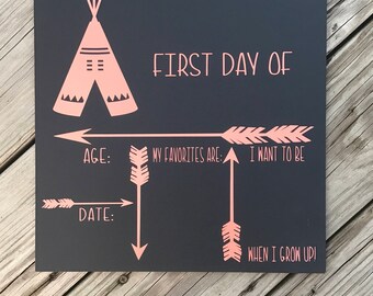 Coral Boho First Day of School Chalkboard Reusable Sign. 1st Day of School. Back to School Chalkboard. Teepee, Arrow