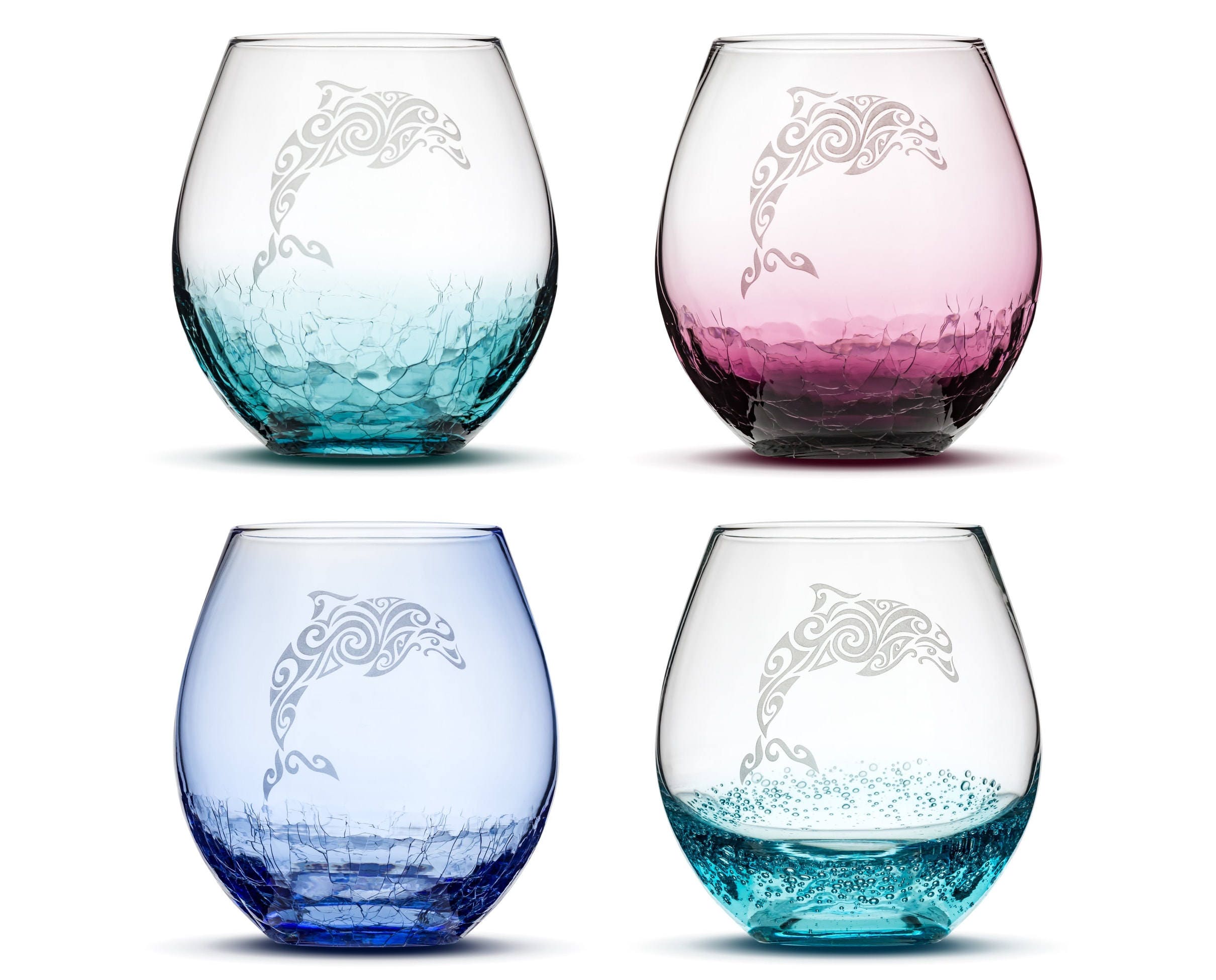 Dolphin Etched Wine Glass, Handblown Crackle, Tribal, Individual, Sand Carved by Integrity Bottles