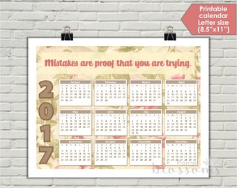 Printable 2017 Calendar. US Letter Size, 8.5"x11". Floral, beige and pale. Inspirational quote quick reference calendar. Instant download.