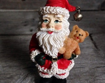 Vintage Santa with spaghetti trim and teddy bear figurine | Christmas decor