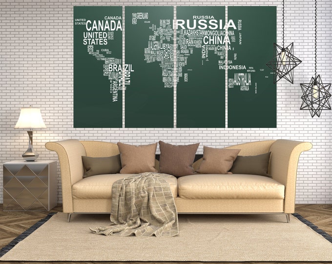Large typography map of the world canvas print, text map wall art print, typography map art, world map wall art for home decor