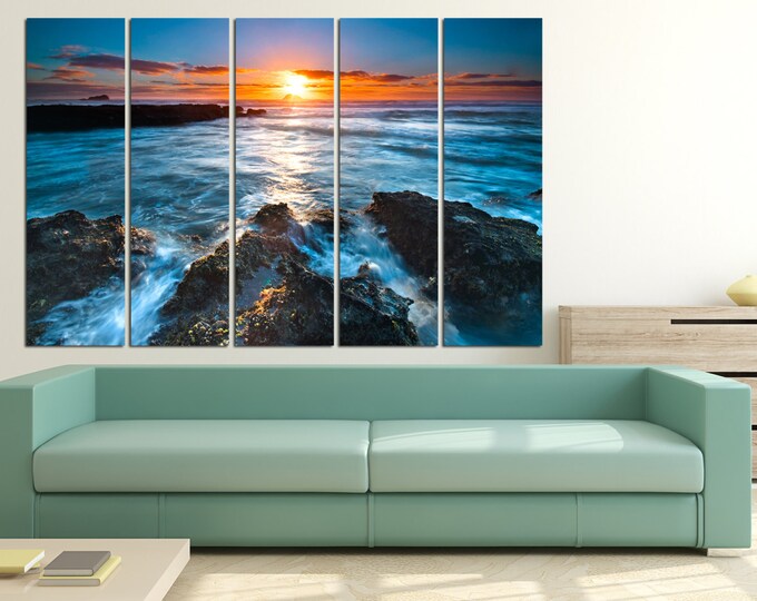 Beach rocks water fine art print, sunset seascape wall art home decor, beach photography wall decor on canvas, beach wall art canvas