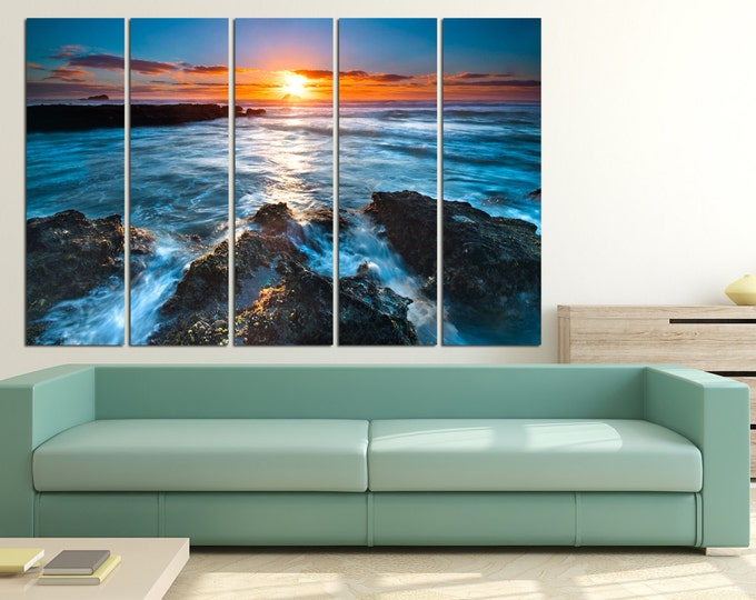 Beach rocks water fine art print, sunset seascape wall art home decor, beach photography wall decor on canvas, beach wall art canvas