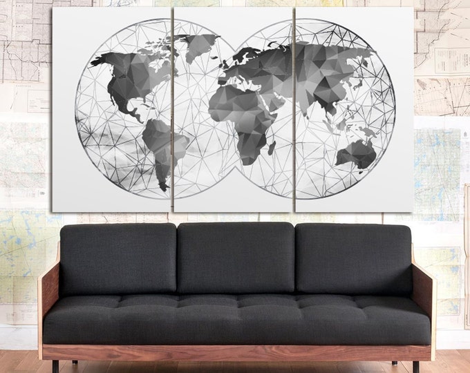 Double Hemisphere Black-White Abstract World Map Canvas Set, Wall Art Print 3 or 5 Panels gray world map Canvas Wall Art for Home Decoration