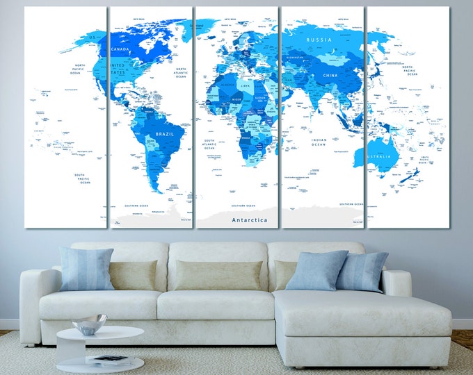 Large blue world map with country names, Travel map Push pin travel map political map of the world detailed map canvas wall art blue oin map