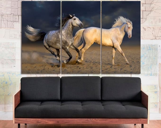 Running horses photography wall art print set on canvas, large running horse canvas art print set of 3 or 5 panels on canvas, running horses