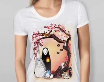 Studio Ghibli Characters Cherry Blossom Tree Valanetine's gift girlfriend - WHITE T-SHIRT