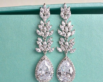 Long Crystal Teardrop Wedding Earrings. Cubic Zirconia Leaf Bridal Earrings. Long Dangle Drop Statement Chandelier Earrings. Wedding Jewelry
