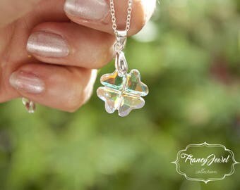 Four leaf clover, crystal necklace, lucky gift, 925 sterling silver, Swarovski crystal, handmade jewelry, wedding jewelry, birthday gift