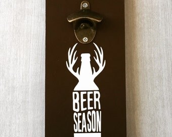 Beer Season / Deer Hunting Sign / Wall Beer Opener / Deer Decor / Hunting Gift / Cabin Sign / Deer Silhouette Sign / Bottle Opener Antlers