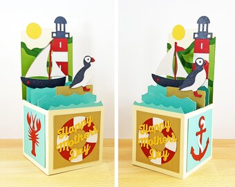 Mother's Day Pop Up Card, Coastal Lighthouse Pop Up Card, Mother's Day Card, Puffin & Lobster Card, 3D Pop Up Box Card, Custom, CardBloom