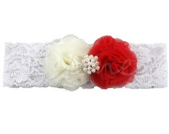 Beautiful Ivory and Red Flower Headband, Lace Hair Band, Headwear For Baby Girl, Toddler Baby Show Photo prop