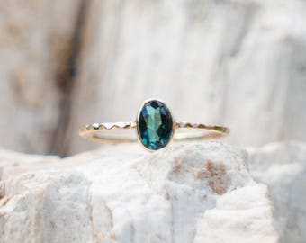 Blue Tourmaline Ring, Delicate Ring, Gold Engagement Ring, Wedding Gold Ring, Natural Gemstone Ring, Stacking Ring, Hammered Ring, Mood Ring