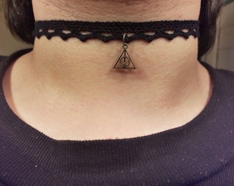 Deathly Hallows Necklace Harry Potter Jewelry, Deathly Hallows Choker Gold, Harry Potter Collar Black Lace Choker, Trendy Black Chokers