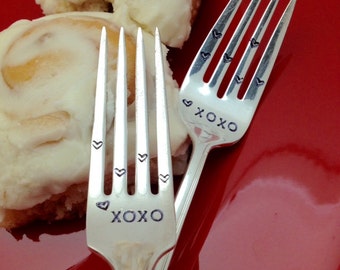XOXO, hugs and kisses, hand stamped fork