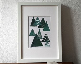 Forest tree blockprint, green triangles, linocut print, original artwork, modern abstract art, minimalistic pattern, scandinavian design