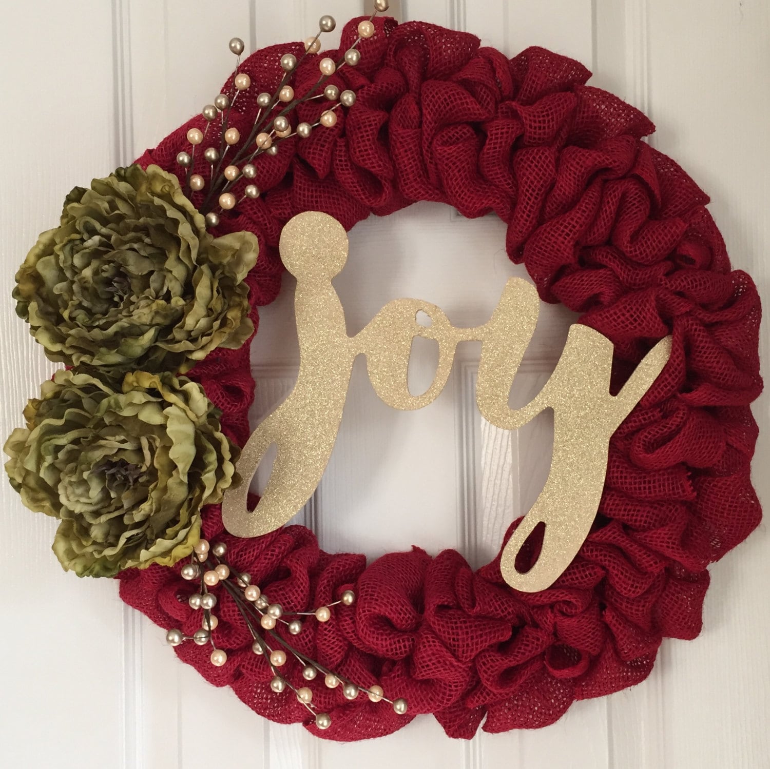 Red Holiday Wreath - Joy Wreath for Front Door - Red and Gold Burlap Wreath - Red Holiday Door Hanger - Gold Holiday Wreath