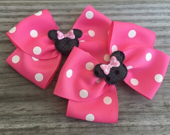 Pink Minnie Mouse Bows / Minnie Mouse Piggy Tails Bows / Disney World Bows / Disney Bows / Set of 2