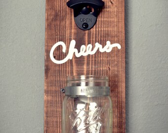 Personalized Wall Mount Beer Bottle Opener with Mason Jar l Rustic Bottle Opener l Wall Mount Bottle Opener l Gift for Dad
