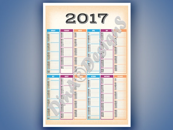 2017 Printable Monthly Calendar A3 And A4 Size Colorful