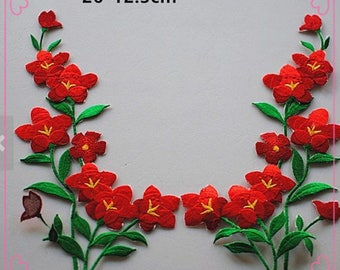 1 Pair Mirror Flower Patches/ A Pair of Flower Applique/Red Flower Patches/Red Flower Applique/Floral Patches/Embroidery Patches