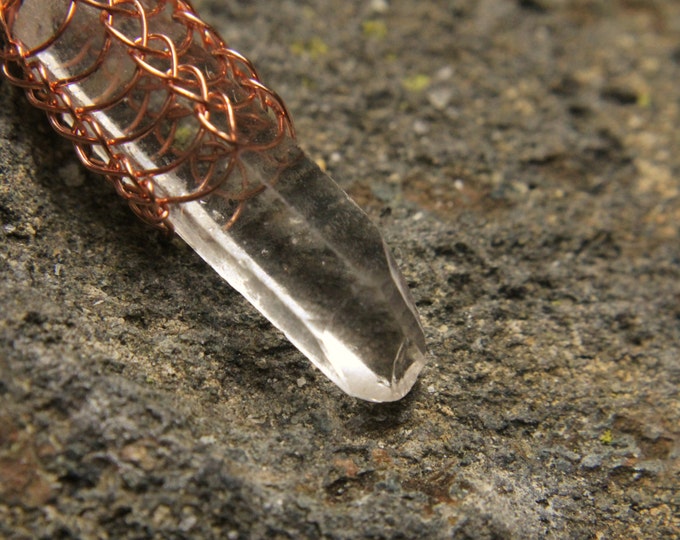 Viking Weave Natural Stone Point Necklace / Wire Wrap Quartz Crystal Tip Pendant / Copper Knit Design / Mens or Ladies Handmade Jewelry