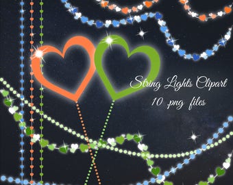 Sale 30% Soft string lights Clipart, pastel lights clip art, wedding string lights, hearts lights clipart, orange hearts clip art