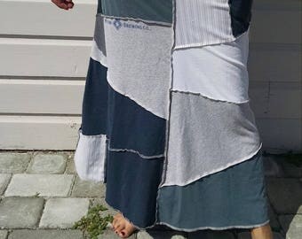 Medium Women's Maxi Skirt Blue Moon Upcycled T-shirt and Men's Button Down Boho Beach Casual Clothing