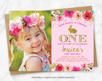 Some Bunny Is Turning One, Bunny Birthday Invitation, Floral Bunny Invitation, Glitter Bunny Invitation, First Birthday Invite, Printable