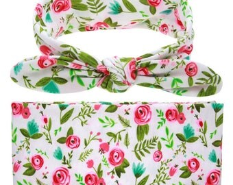 Pink Floral Swaddle Blanket & Headband