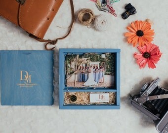 SPECIAL OFFER!! 10 x Square Wooden Boxes for prints 4x6" + USB | Photographers / videographers packaging | Washed blue