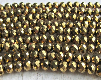6mm gold crystal beads, Crystal Glass Beads, Rondelle beads, Crystal beads, beading supplies, faceted beads, metallic crystal, gold plated