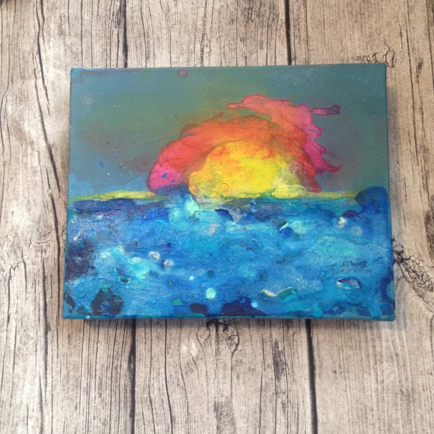 Acrylic Mixed Media Ink Painting Sunset Seascape Art Canvas