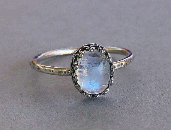 Natural Oval Moonstone Crown Ring Sterling Silver Hammered
