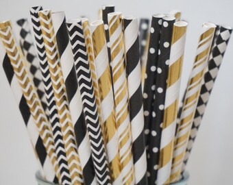 Gold and Black Party Straws, Gold & Black Straws, Bachelorette Party Decorations, Hollywood Party Decor, New Years Eve Decor, 25 Pcs
