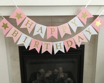 Star Birthday Banner, Happy Birthday Banner, Girl Birthday Banner, Girl Party Decoration, Pink and Gold, Photo Prop