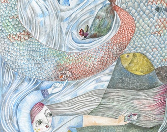 Mermaid Art Print. Siren Wall Decor, Underwater Fantasy Art, Beautiful Sea Girl, Modern Artwork, Nautical Theme Drawing, Unique Gift, 11x14