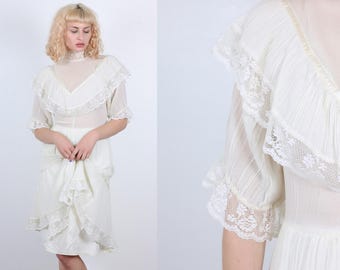 70s Boho Dress // Vintage Off-White Lace Prairie Dress Sheer Knee Length High Neck - Large