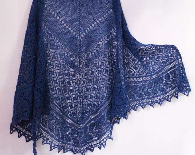 Openwork shawl handmade dark blue made from 100% wool, knitted scarf, shawl of wool, knit scarf-shawl, delicate shawl, crochet shawl