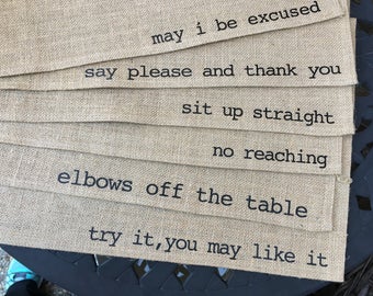 Burlap Placemats--- set of 6 placemats with table manners