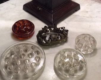 Lot of Vintage Flower Frogs, 5 included, amber glass! Lead and clear glass