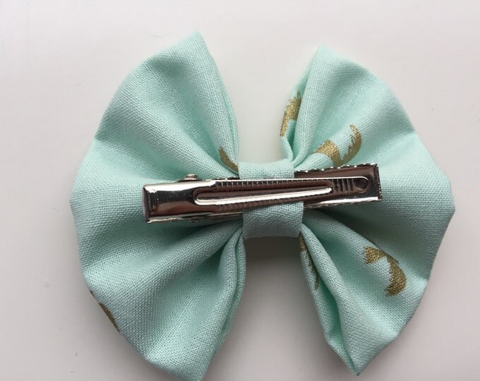 Seafoam Green with Birds fabric hair bow or bow tie