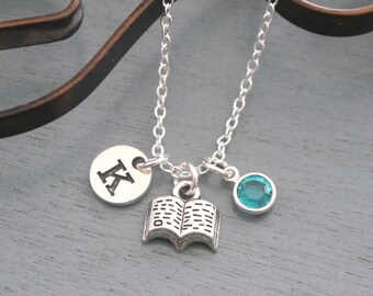Book Necklace, Personalized Book Necklace, Silver Book Necklace, Initial Necklace, Reading Gifts Girls, Book Jewelry, Gifts for Authors