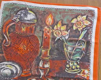 French tea towel by Vony "Peinture Flamande" orange and brown mid century kitchen decor