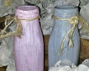 Painted milk bottles, Set of 2, shabby chic bottles, decorative glass bottles, baby nursery decor, baby shower decor