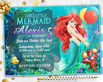 Little mermaid Birthday invitation card invite Mermaid Ariel party invitation Thank You card