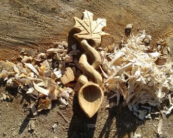 Hand carved Welsh love spoon with a maple leaf