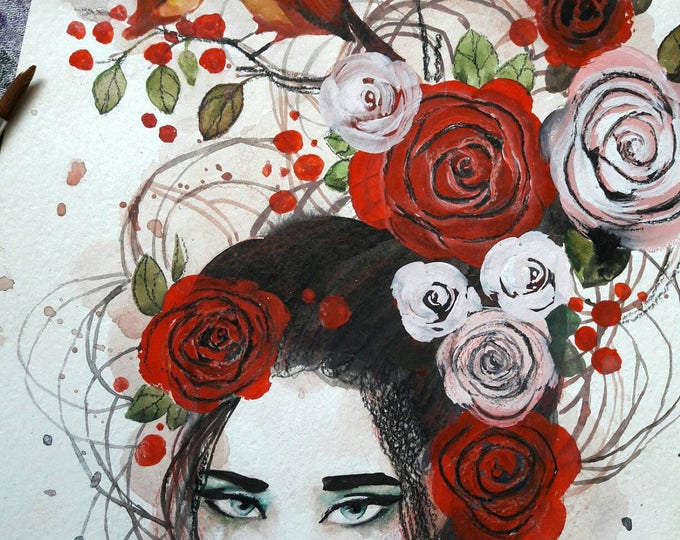 Floral girl ORIGINAL painting by Tatiana Boiko watercolor art, wall hanging, wall decor, wall art, roses, flowers girl painting, Russian art