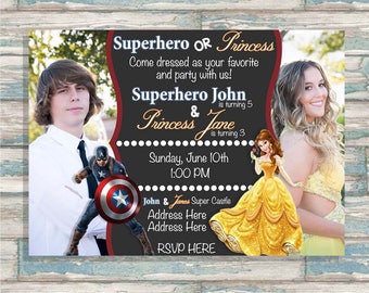 Captain America and Princess Belle Invite - Boy Girl Joint Party Invitation - ANY AGE - Superhero and Princess Birthday