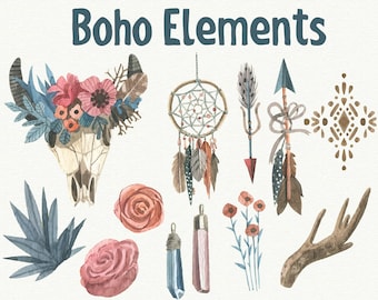 12 Watercolor Boho Cliparts, Boho Elements Cliparts, Watercolor Boho SVG, 330 ppi, HD, Vector File